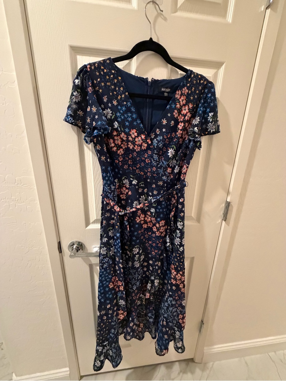Kensie Navy Floral Wrap-Style Midi Dress with Pink & White Flowers